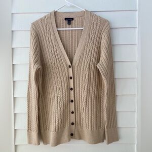Lands’ End | Cable Knit Tan Cotton Wool Blend Cardigan Sweater Size XL
